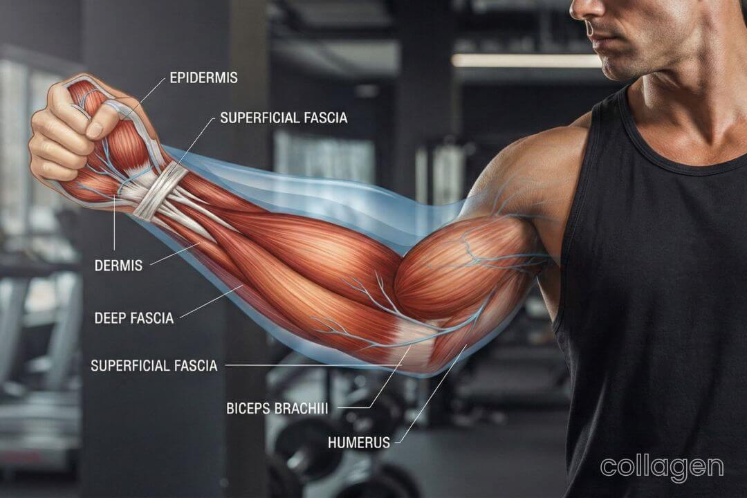 Illustration showing muscle structure supporting skin firmness and collagen health. Illustration showing muscle structure supporting skin firmness and collagen health.