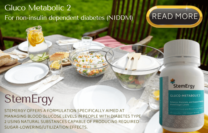 In non-insulin dependent diabetes (NIDDM), StemErgy Gluco Metabolic 2 has been designed to improve glucose sensitivity and related lipogenic metabolics precluding a progression to insulin and possibly reconstituting beta cell activity and return to normalcy.